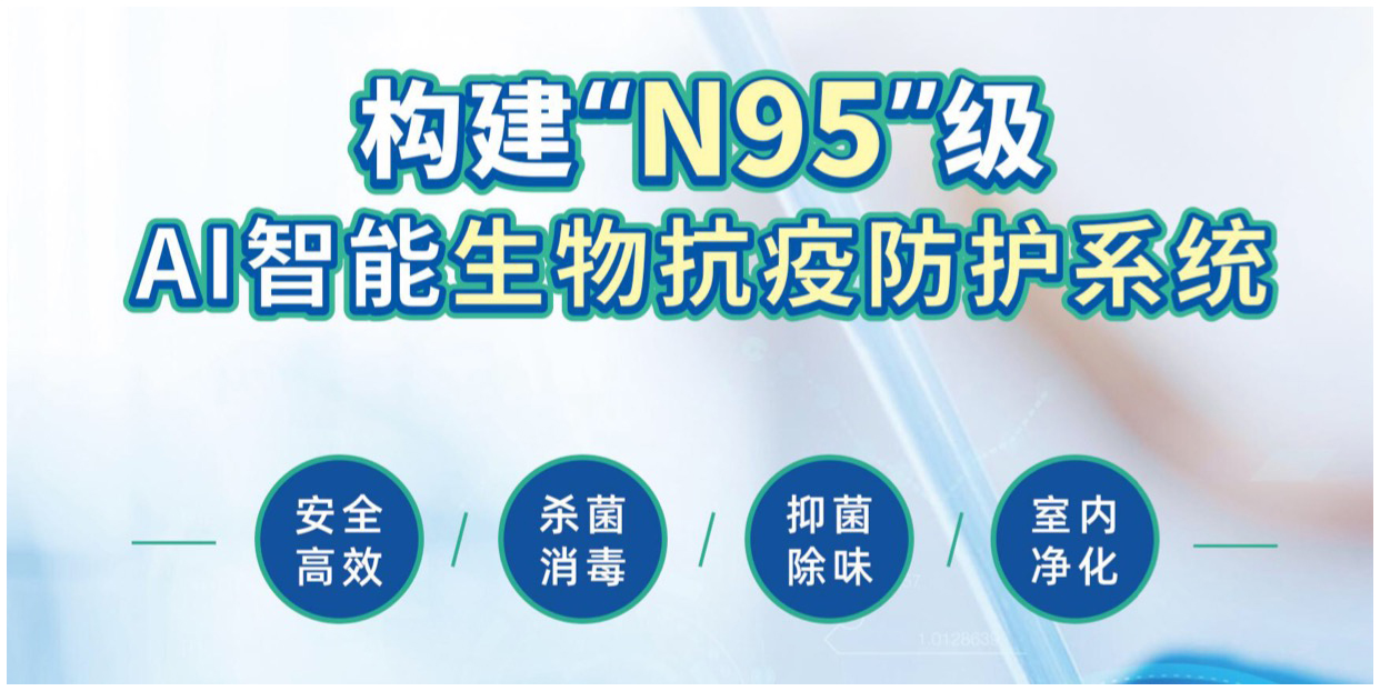 构建“N95”级AI智能生物抗疫防护系统,安全高效、杀菌消毒、抑菌除味、室内净化等。